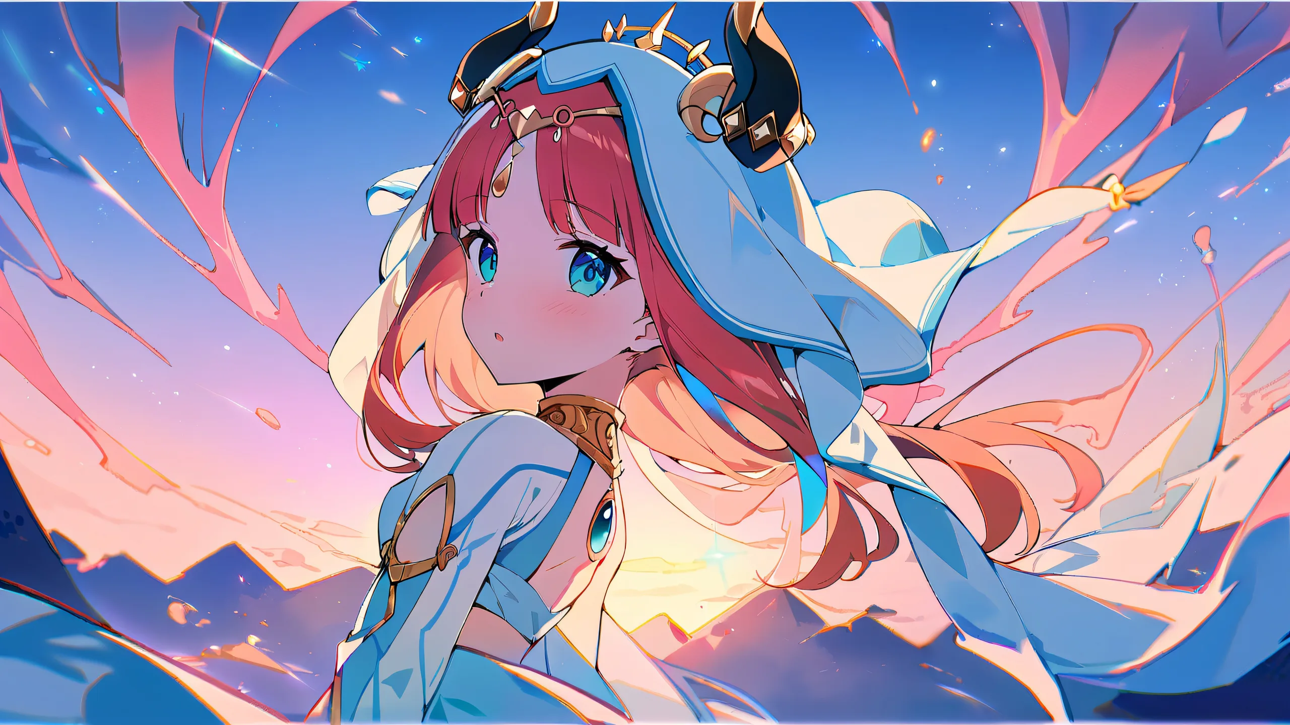 A young girl, Nilou, gazing at the viewer from a perfectly clean vast pure void with extreme depth of field on a desktop/pc.