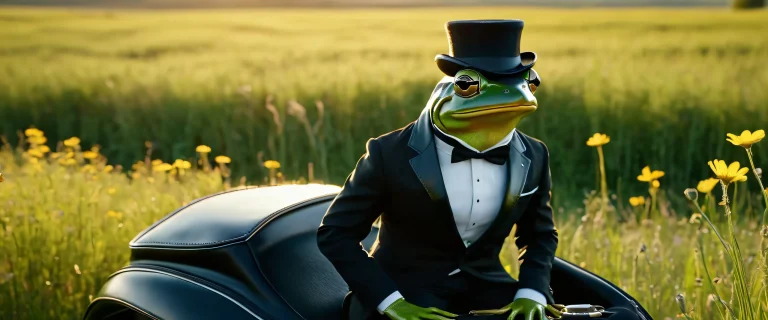 A debonair frog and its enormous mouse companion gaze out at the viewer from a sun-kissed meadow filled with wildflowers, suitable for desktop/PC.