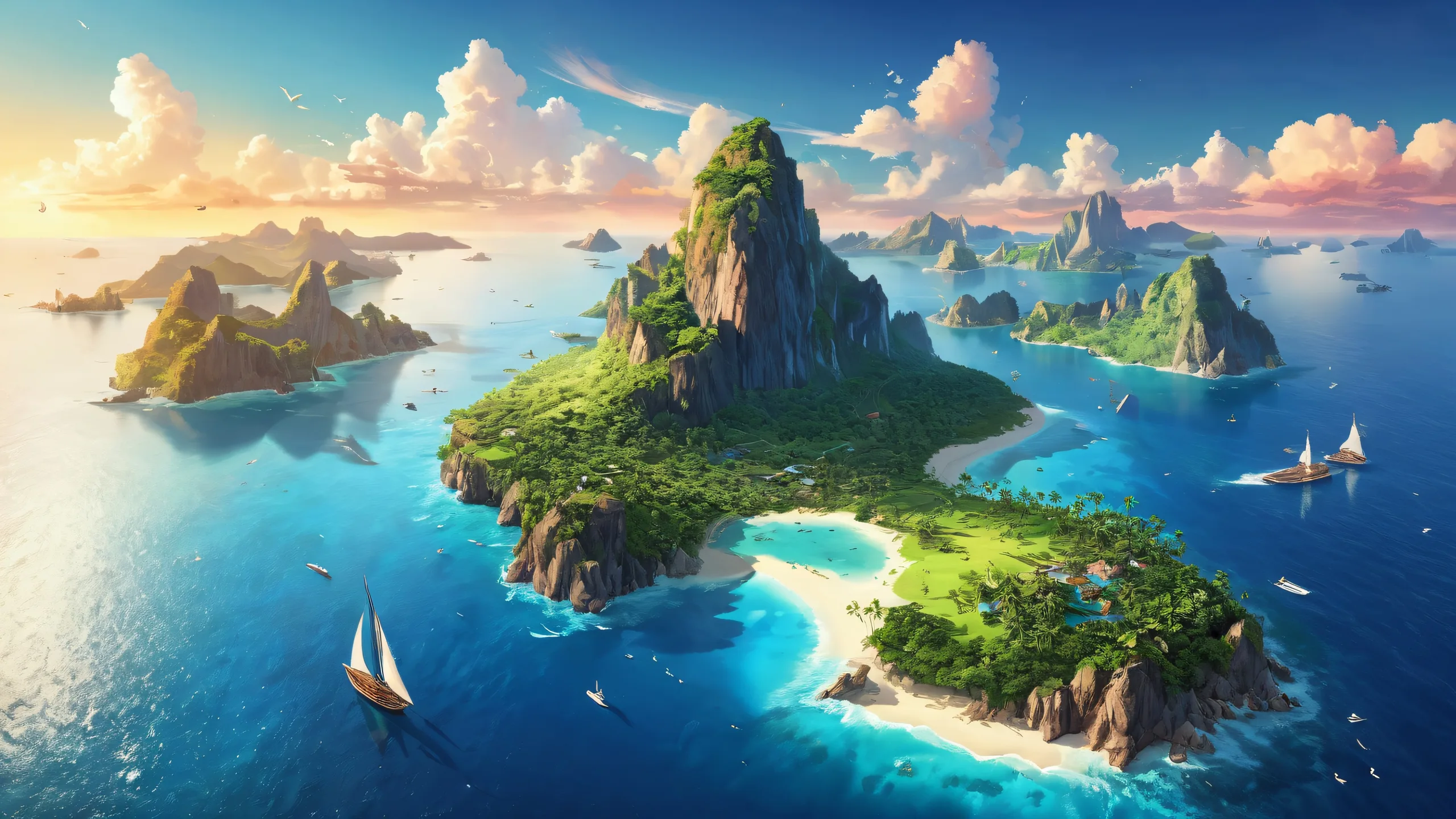 Breathtaking morning landscape on a desktop or PC, with radiant colors and ray-traced reflections.