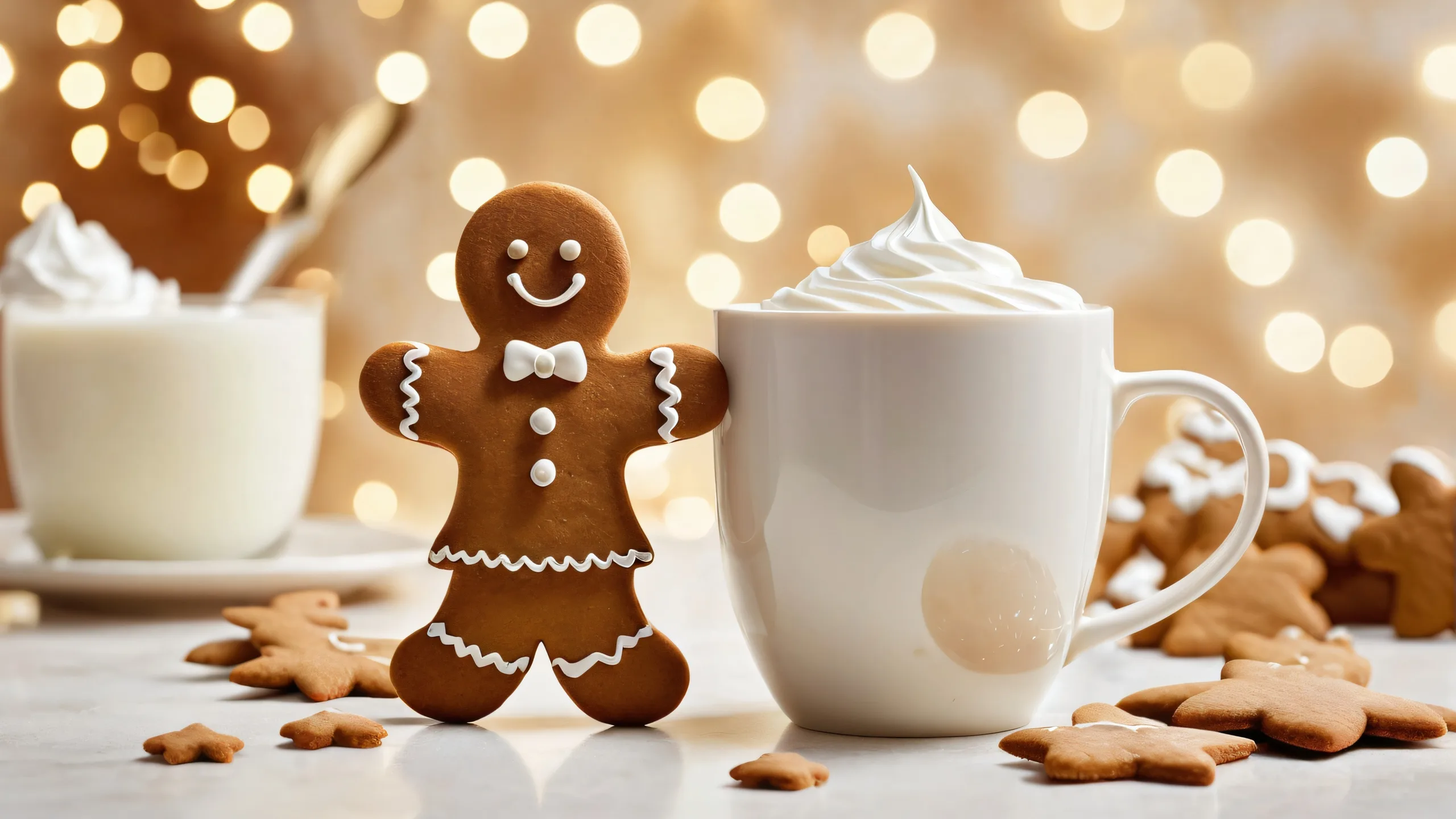 Breathtaking desktop wallpaper of Gingerbread Woman set against creamy milk texture, perfect for desktop/PC.