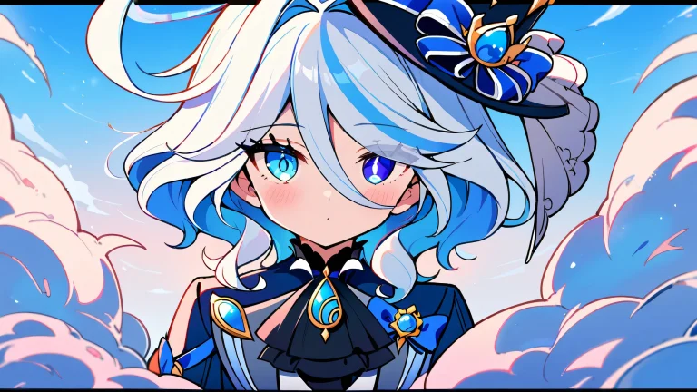 A girl stands looking at the viewer on a perfectly clean and vast pure void of pink and white cosmic background, suitable for desktop/pc.