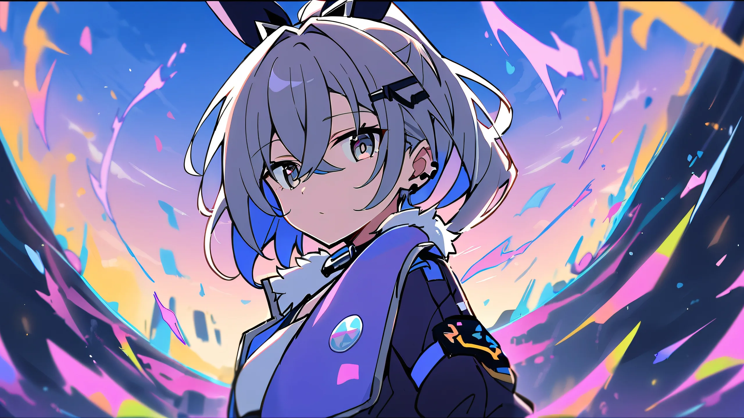 A young girl with a silver wolf gazes directly at the viewer against a perfectly clean, vast, and pure void background with an extreme depth of field and subtle anime-inspired details, suitable for desktop/pc.