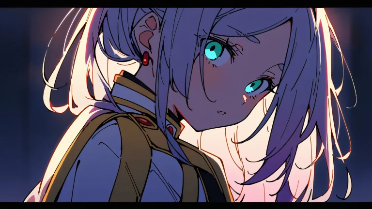 A girl looking directly at the viewer against a perfectly clean vast pure void with extreme depth of field and subtle plaid background hints on a desktop/pc.