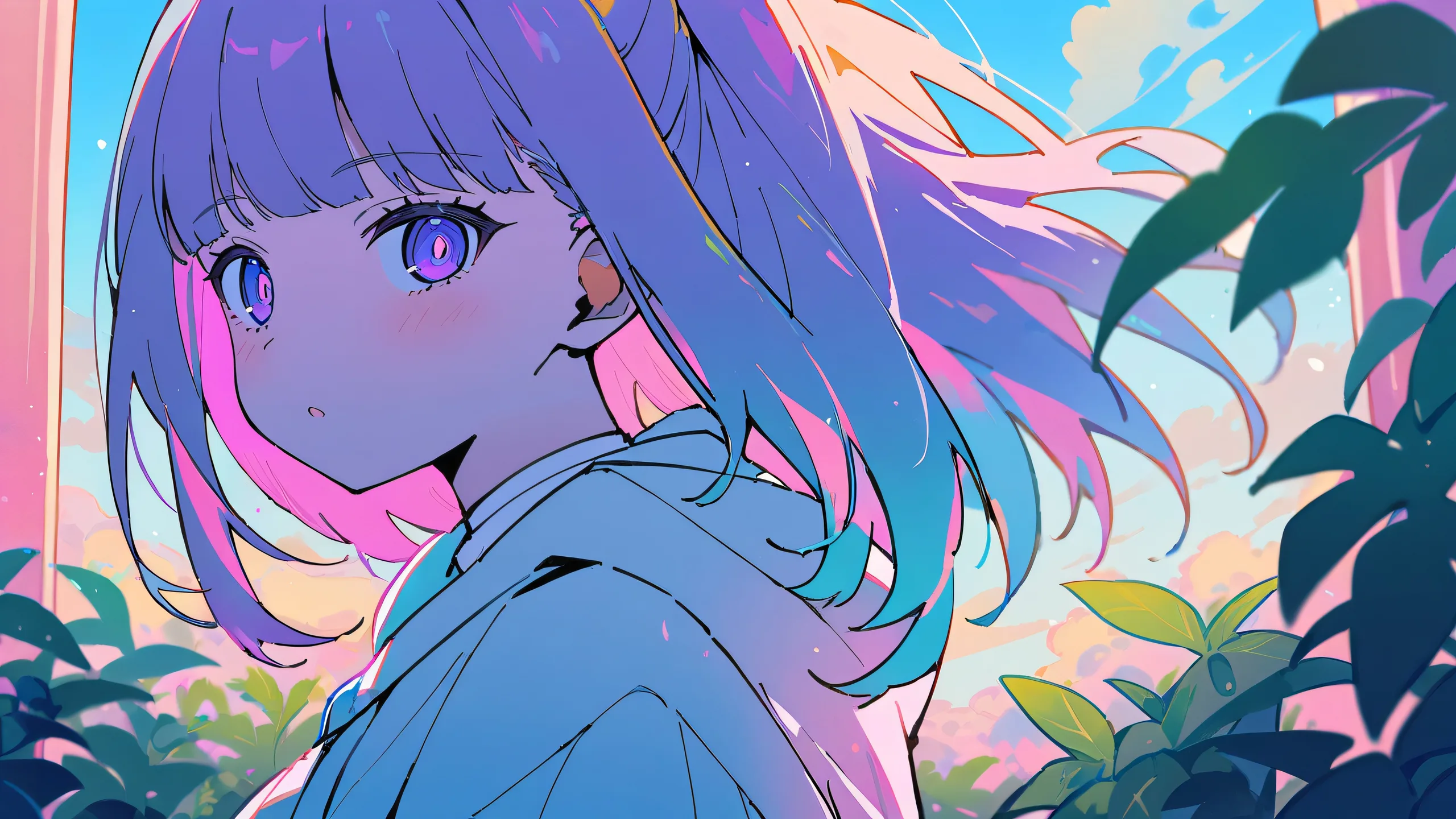 A girl sitting amidst a lush fern forest on a perfectly clean vast pure void Desktop/PC background.