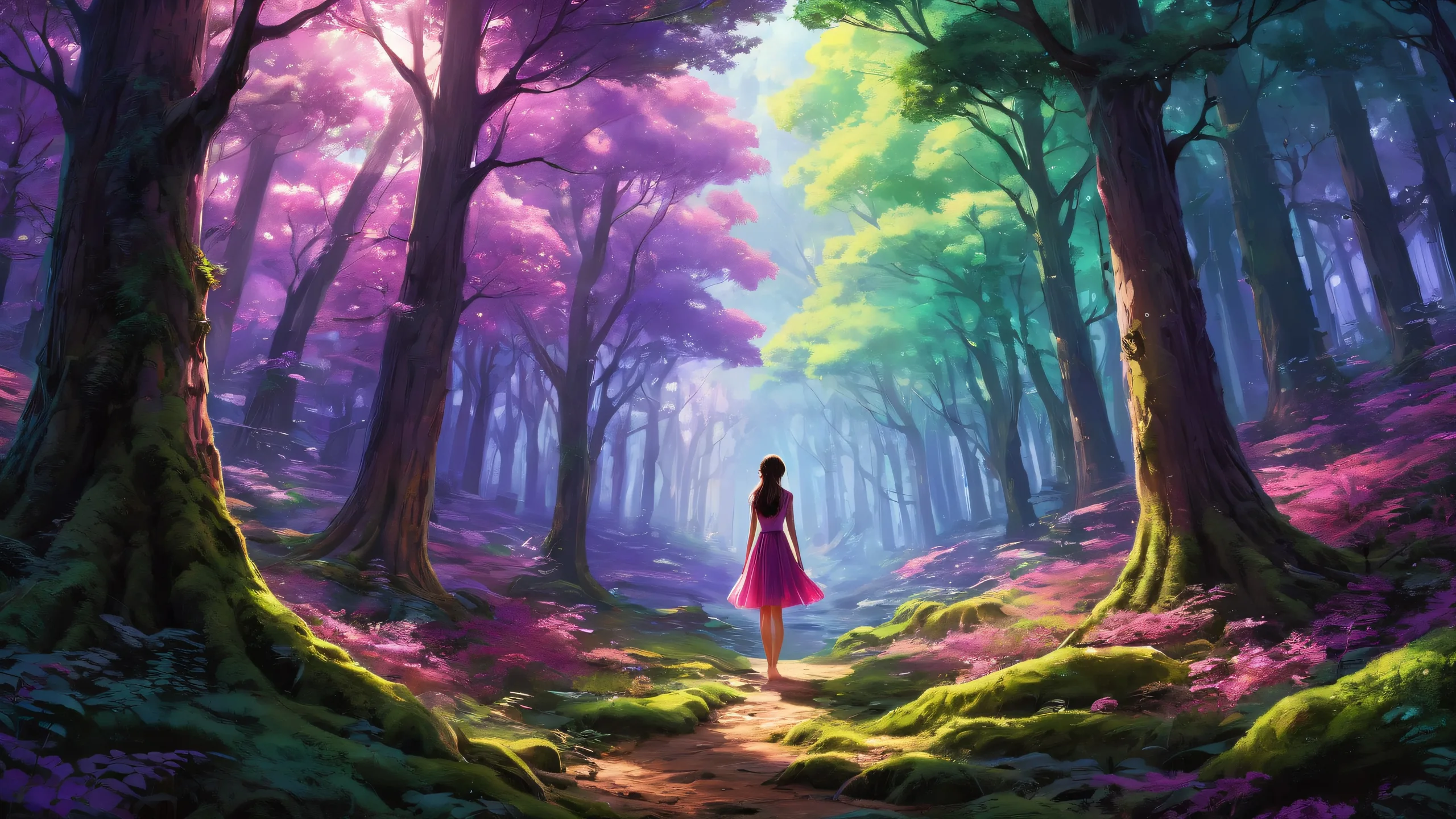 A serene and mystical desktop scene of a woman surrounded by lush forest foliage, set against a vast pure void, for use on Desktop/PC