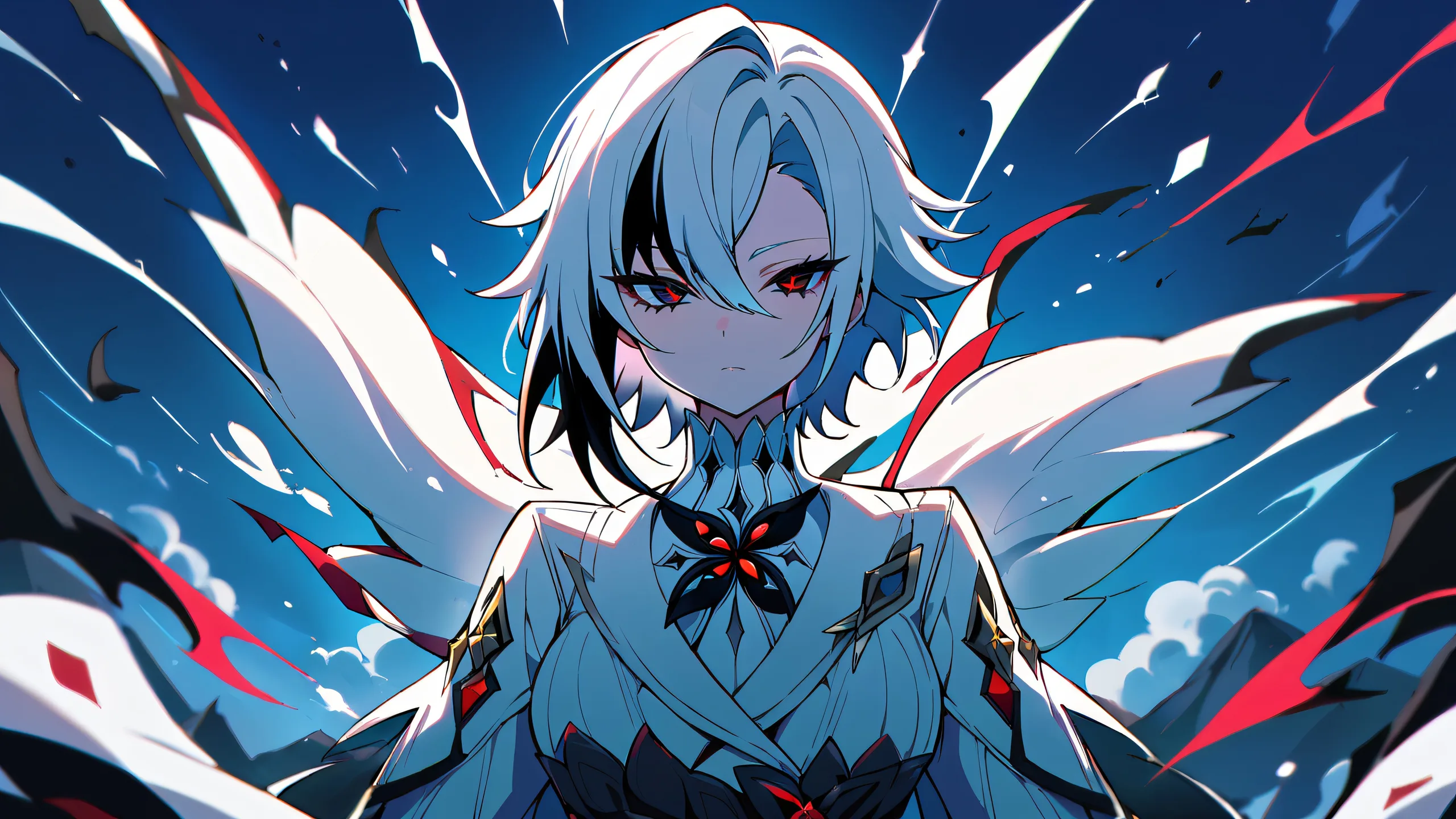 A solo girl stands in a perfectly clean vast pure void with an extreme depth of field, looking at the viewer with an arlecchino costume. Suitable for desktop/pc use.