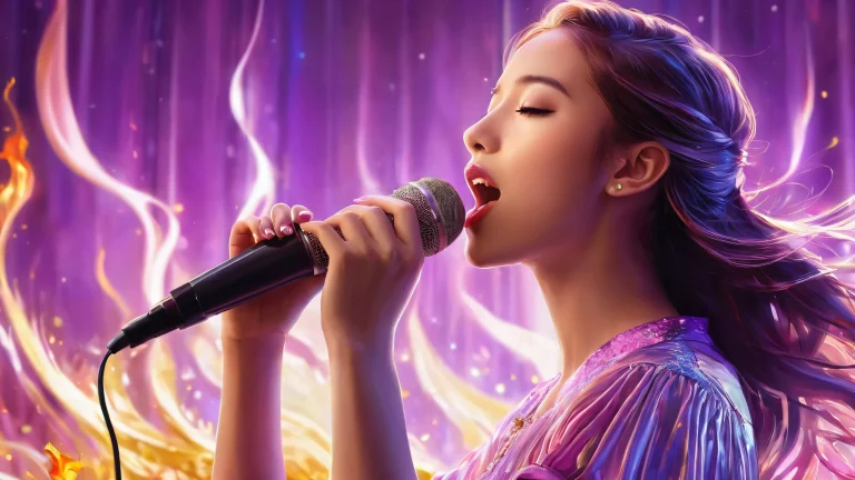 A mesmerizing desktop wallpaper of a girl singing against a pristine void, with pixelated flames inside a server box. Perfect for desktop/PC.