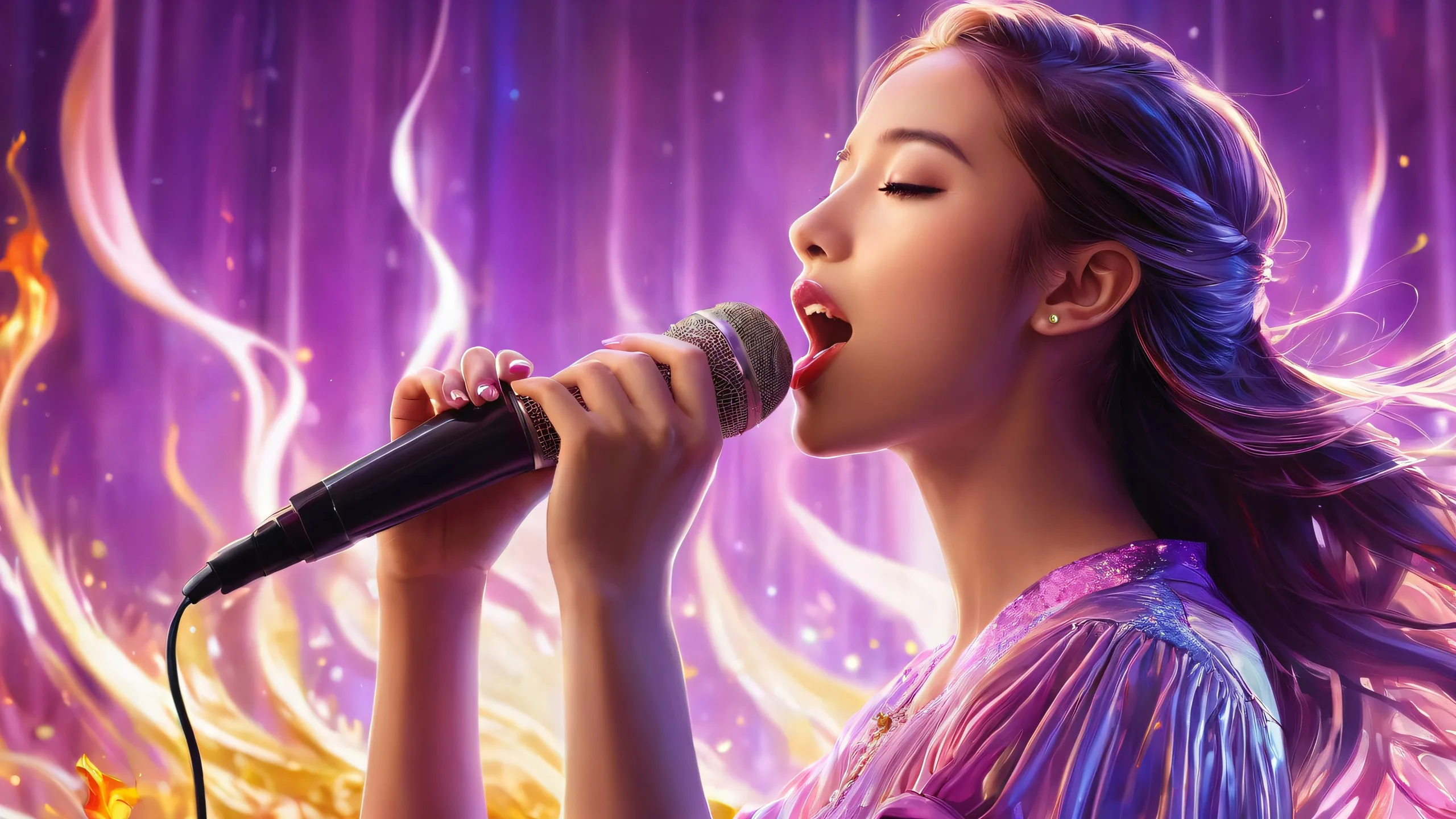 A mesmerizing desktop wallpaper of a girl singing against a pristine void, with pixelated flames inside a server box. Perfect for desktop/PC.