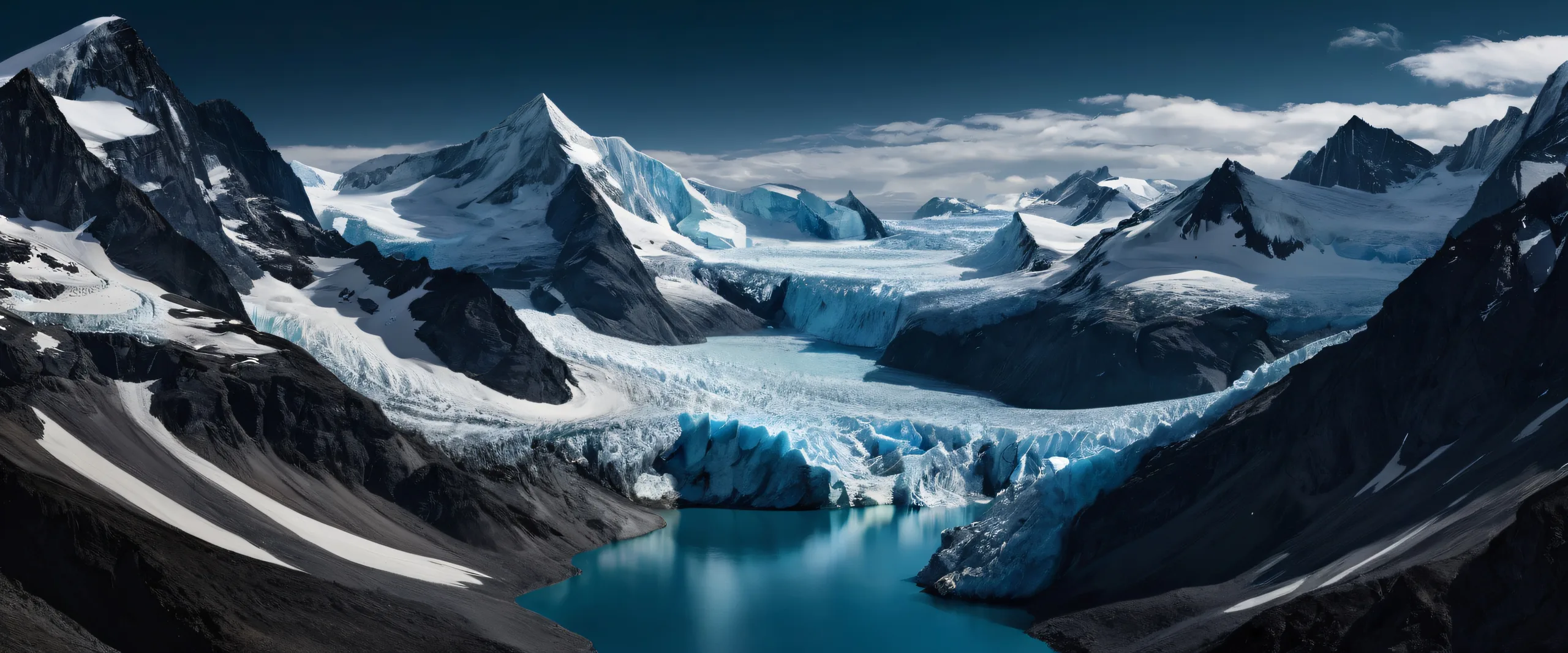 Breathtaking glacial landscape on a dark mode desktop/pc background with deep blacks and crisp contrast, ideal for screen readers.