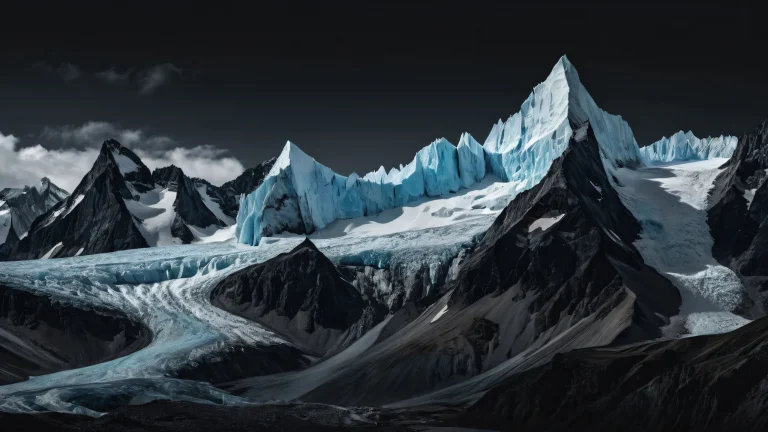 A breathtaking desktop wallpaper of glaciers on a dark mode background with perfect blacks and luminescent accents for Desktop/PC.