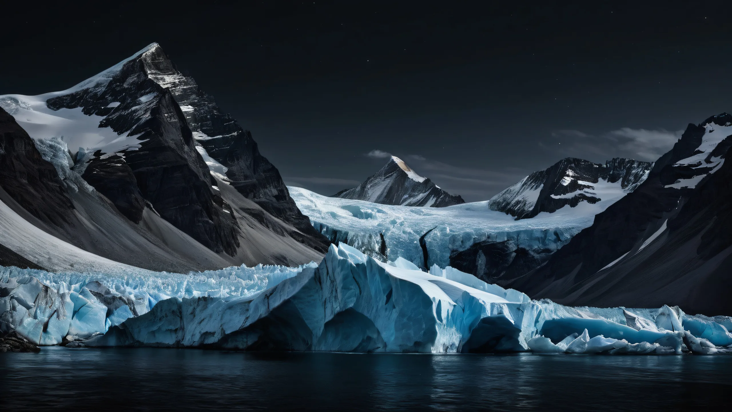 A serene desktop wallpaper featuring glaciers on a deep black background for PC and Desktop use.