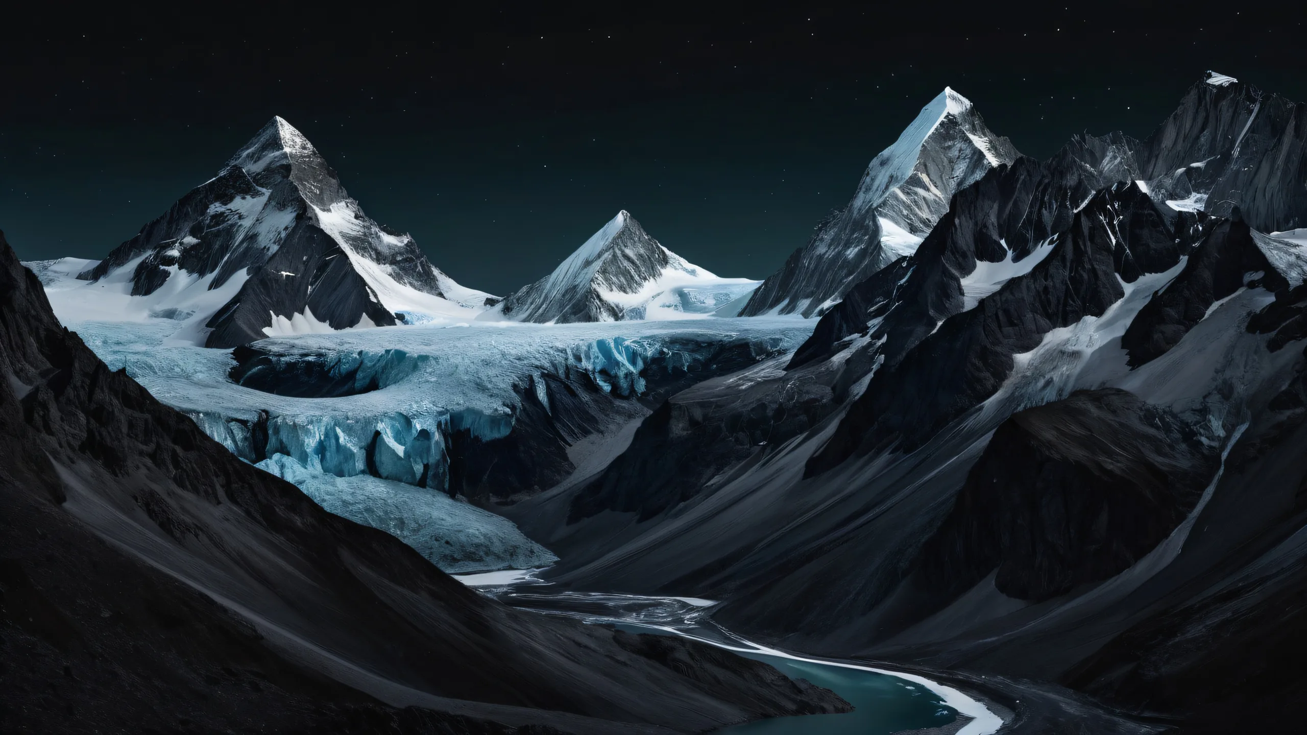 A serene desktop wallpaper featuring a stunning glacier scene with deep blacks and striking contrast for a sleek dark mode aesthetic, suitable for Desktop/PC users.