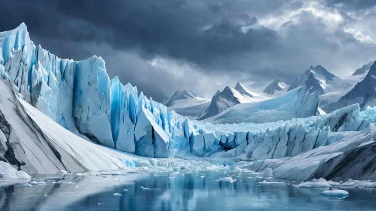 Ethereal glaciers on a desktop or PC with a subtle rainstorm atmosphere and pristine clarity, ideal for a serene workspace.