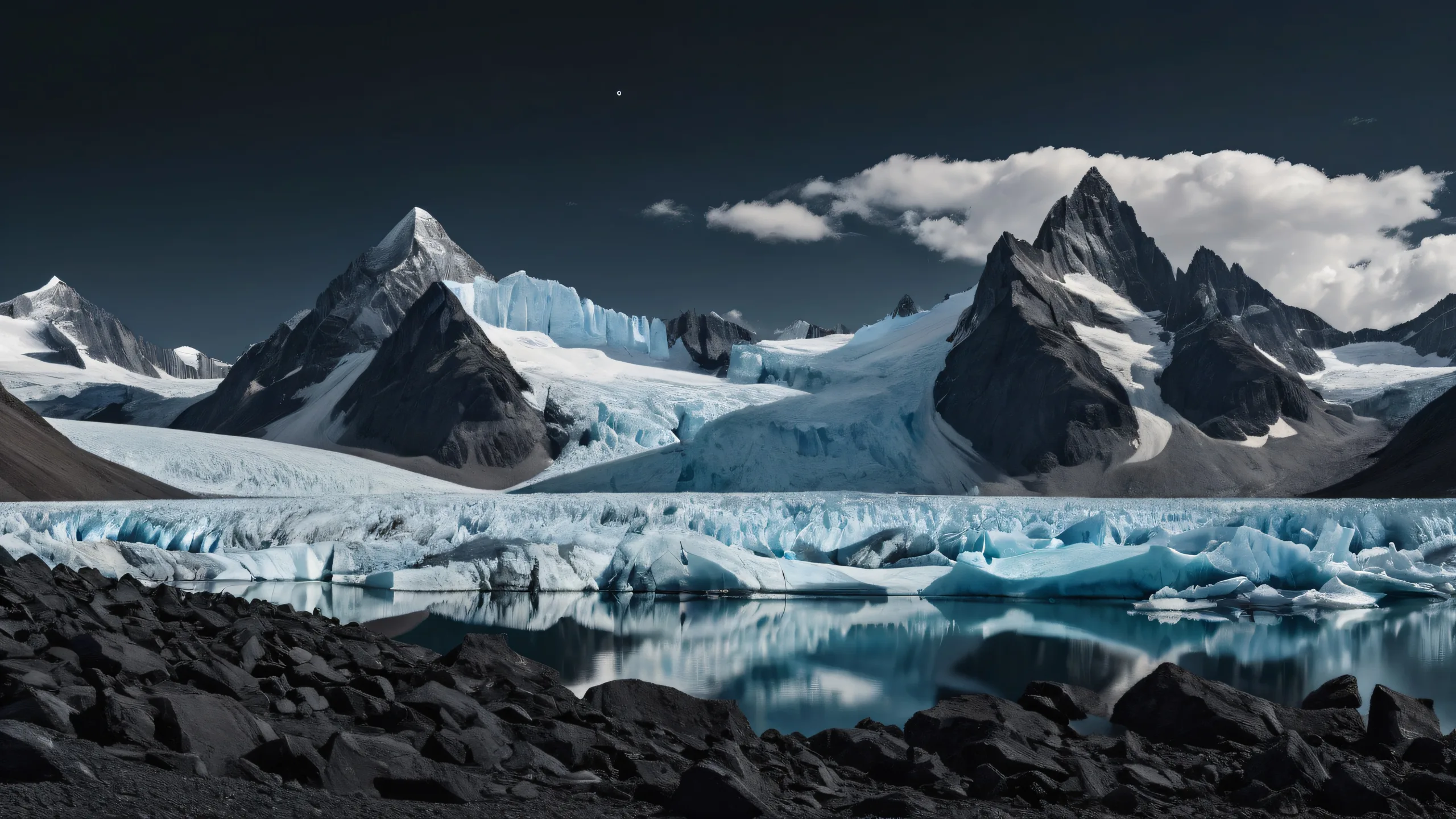 Breathtaking desktop wallpaper of glaciers on a dark mode background with subtle stone reflections and serene prairie landscape. For Desktop/PC.
