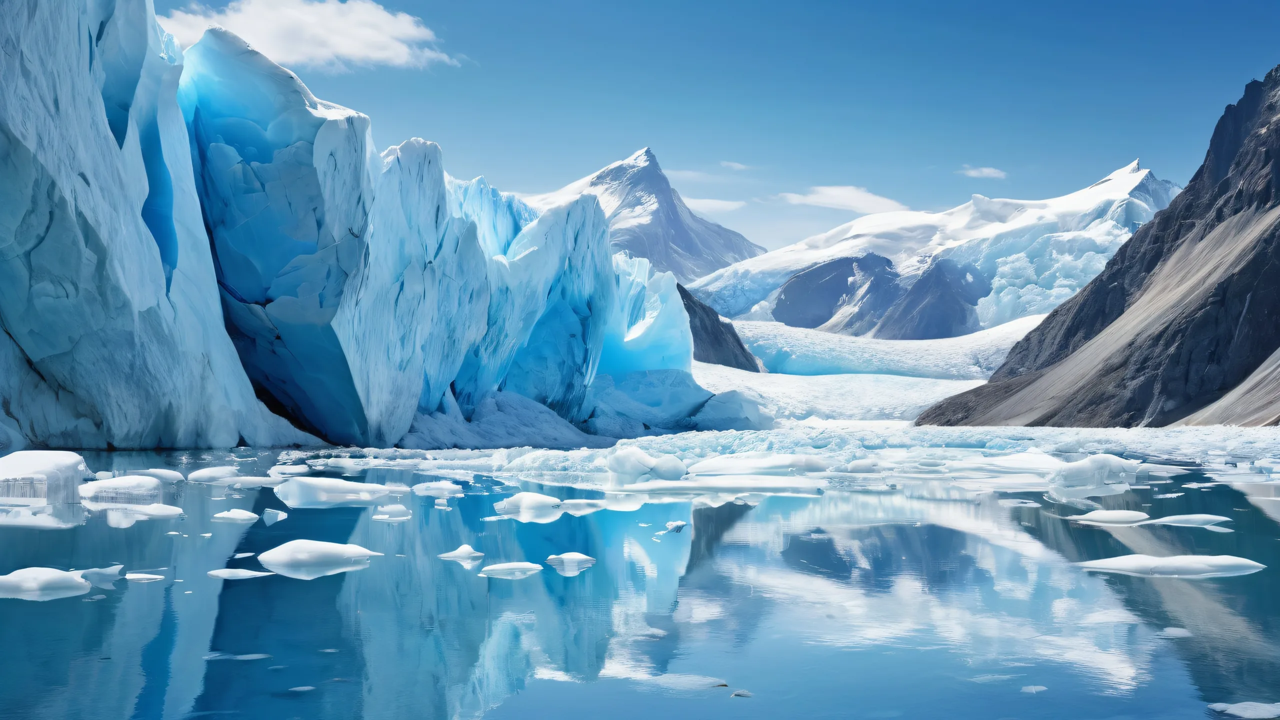 Ethereal glacial landscape with stone foreground on a desktop/pc, pristine clarity and radiant colors.
