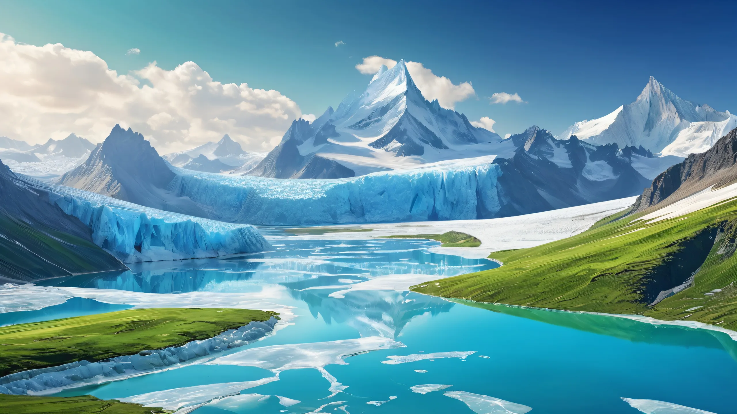 A serene and majestic glacier landscape on a desktop or PC, with a vast pure void, a prairie in the distance, and stunning ethereal lighting.
