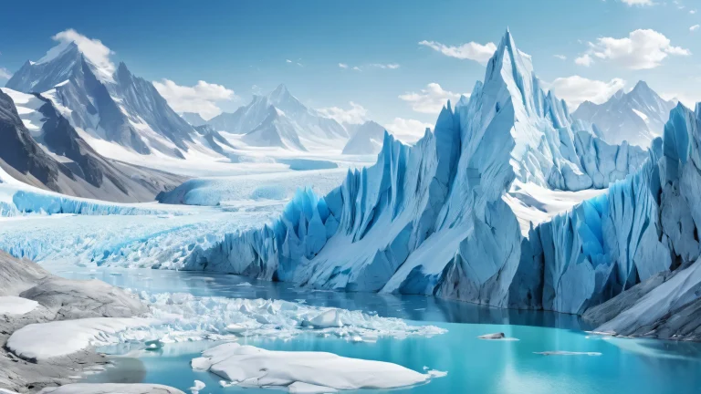 A serene and majestic glacier desktop for PC or Mac featuring a vast, vide pur avec une profondeur de champ extrême, composition parfaite, et des couleurs éclatantes.