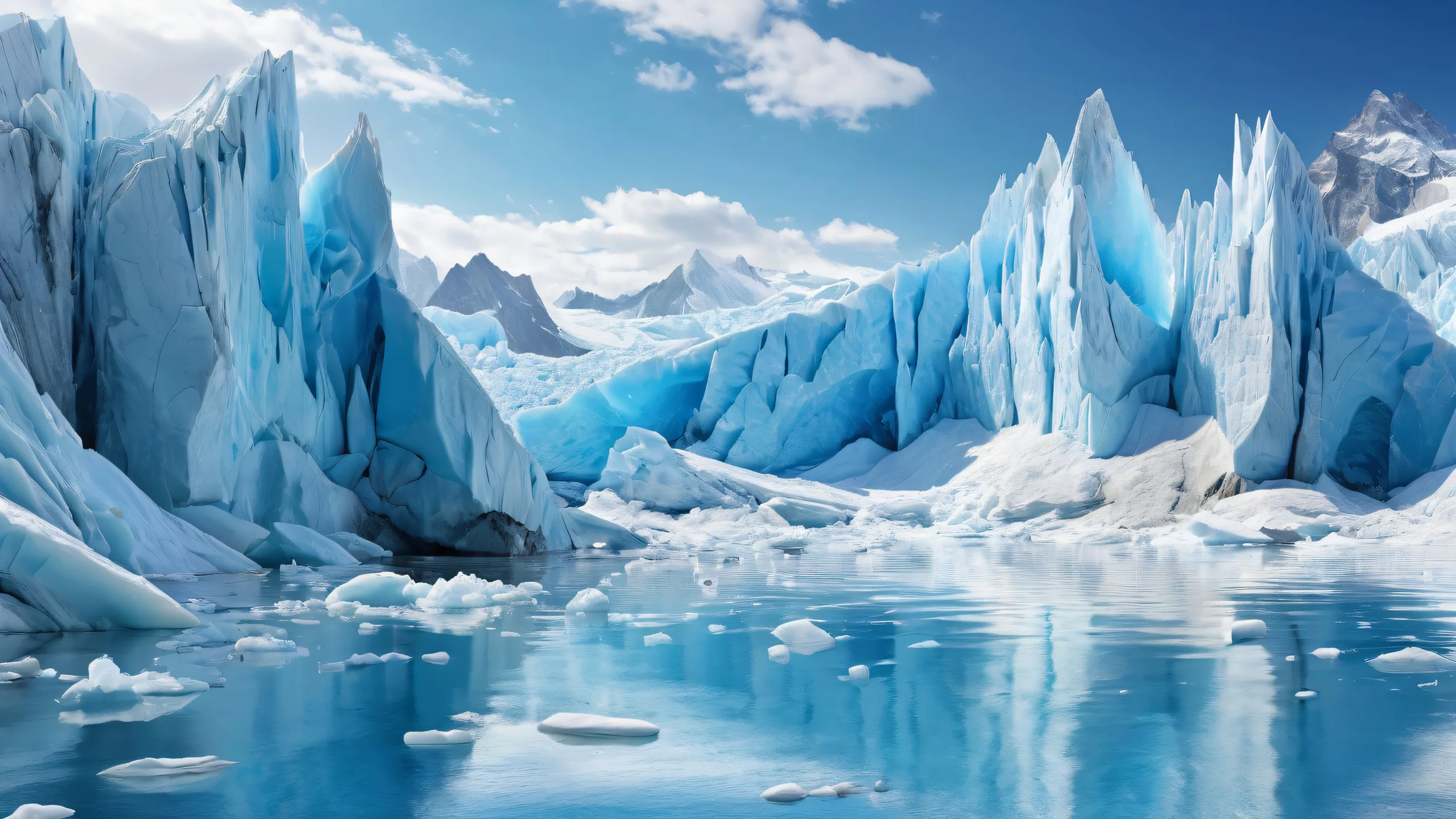 A breathtaking desktop wallpaper of Glaciers on a PC or Desktop, with perfectly clean and pure void, extreme depth of field, Award-winning digital art, pristine clarity, Ethereal lighting with radiant colors and ray traced reflections for a bright and airy feel.
