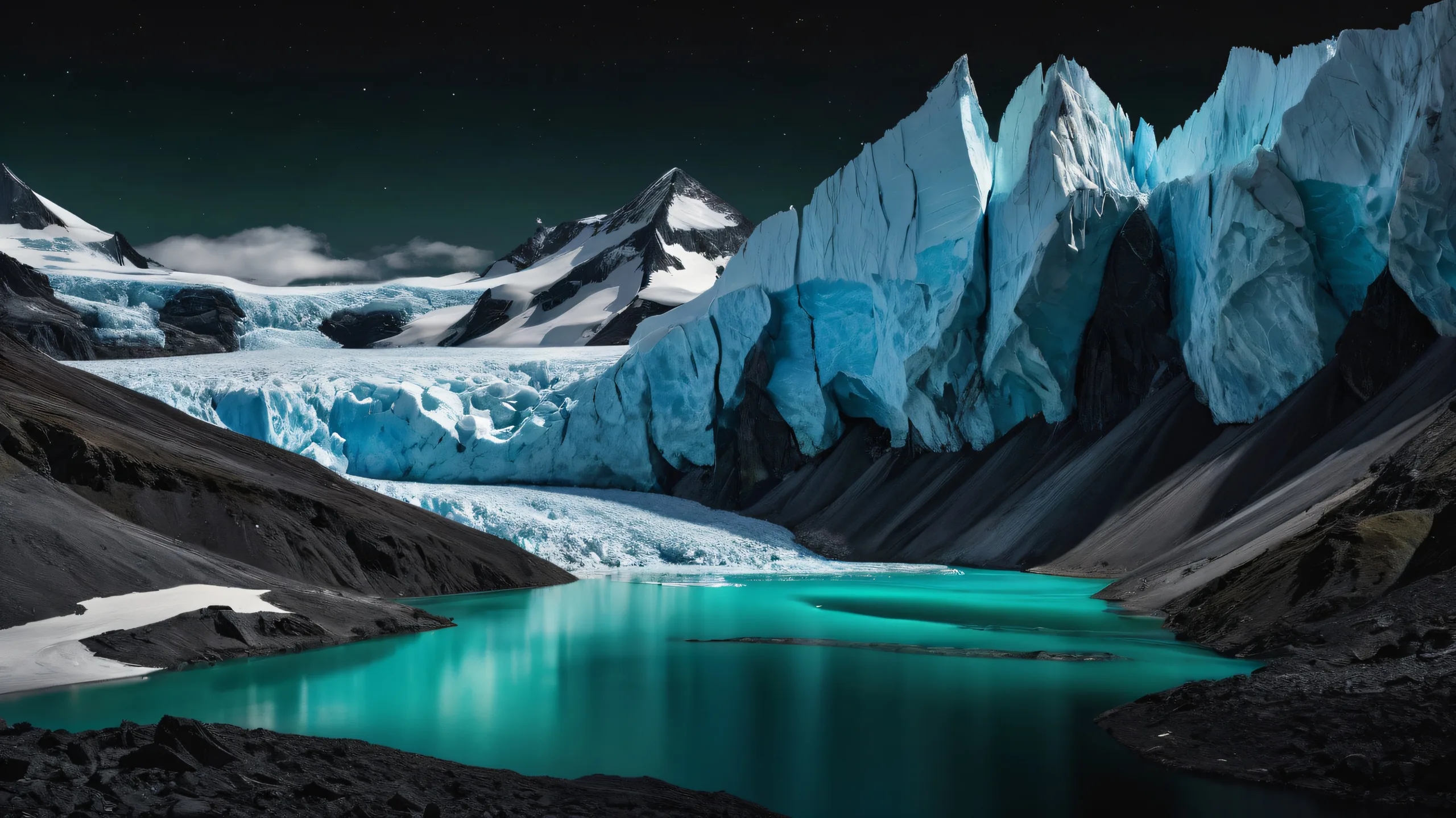 A serene and breathtaking desktop wallpaper featuring pristine glaciers on a dark mode background for optimal viewing experience on Desktop/PC.