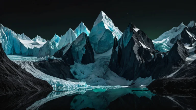 A serene and majestic glacier scene for desktop or PC, featuring deep blacks and striking contrast.