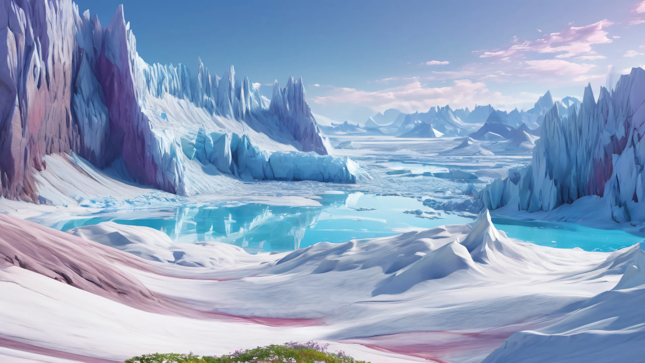 A breathtaking desktop wallpaper featuring a glacier landscape on a pristine white void, with stone formations and a prairie landscape in the distance. Suitable for Desktop/PC.