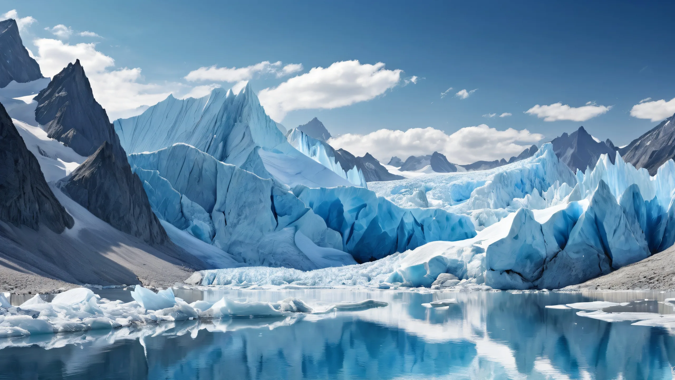 A stunning desktop wallpaper of glaciers on a perfectly clean void with extreme depth of field, suitable for Desktop/PC use.