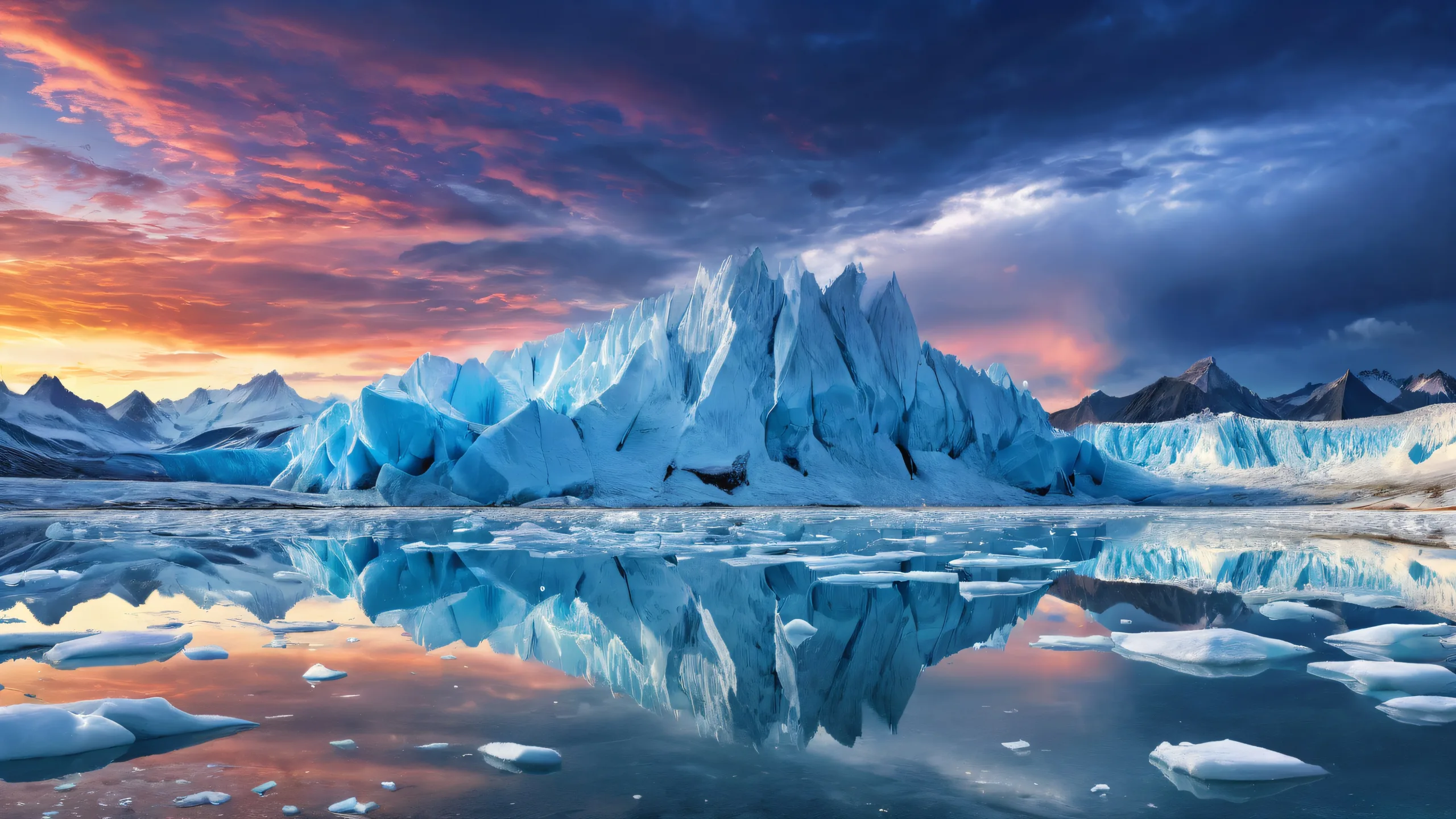 A breathtaking desktop wallpaper of glaciers on a pristine PC or Desktop, with a prairie in the distance, evoking a sense of serenity and peacefulness.