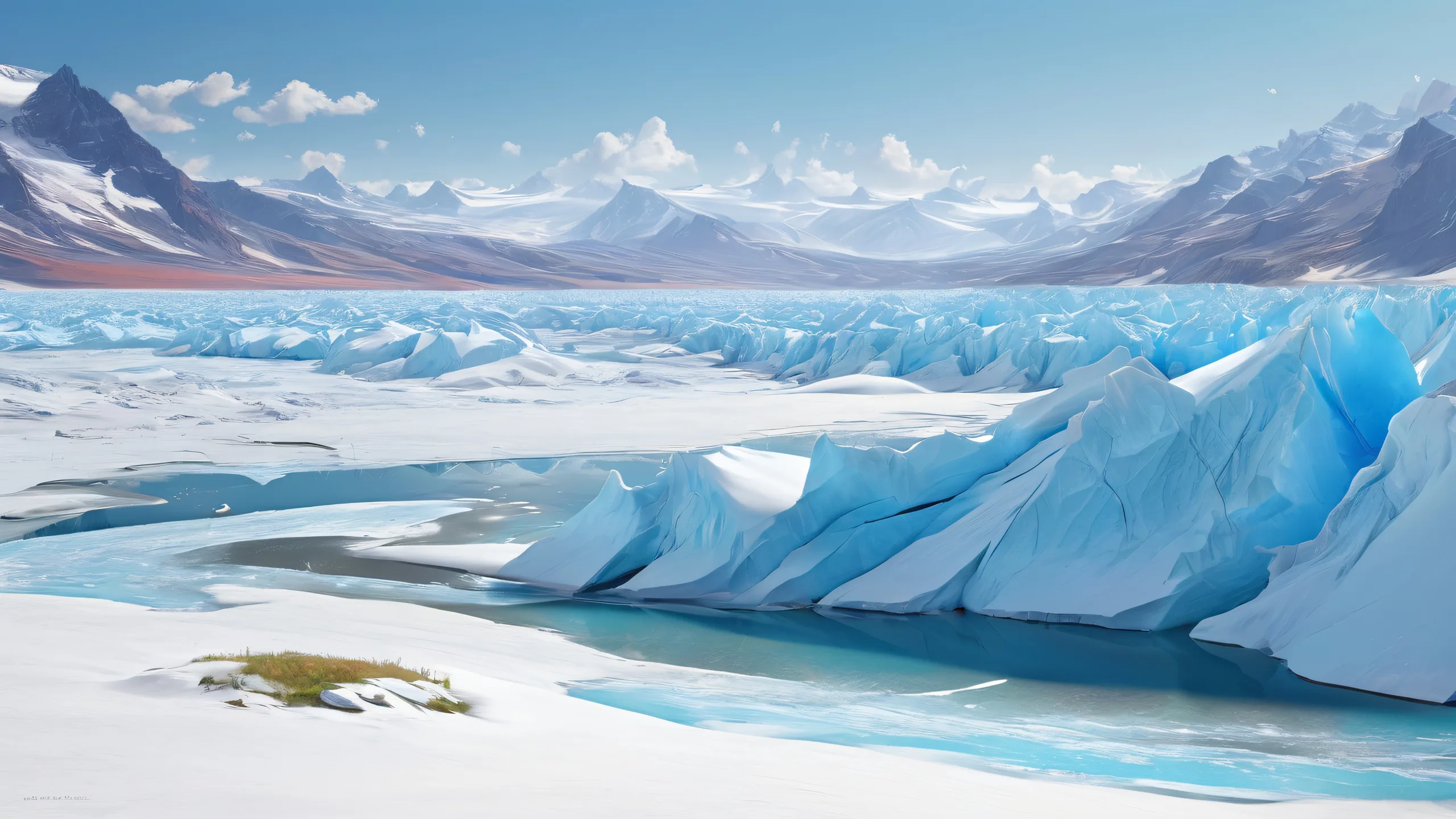 A peaceful desktop scene of a glacier landscape on a desktop/PC with calming blues and whites, perfect for relaxation.