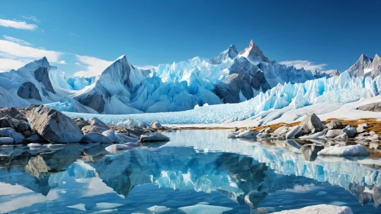Desktop/PC wallpaper featuring breathtaking glaciers against a vast prairie backdrop, with exceptional depth of field and ethereal lighting for a calming and serene atmosphere.