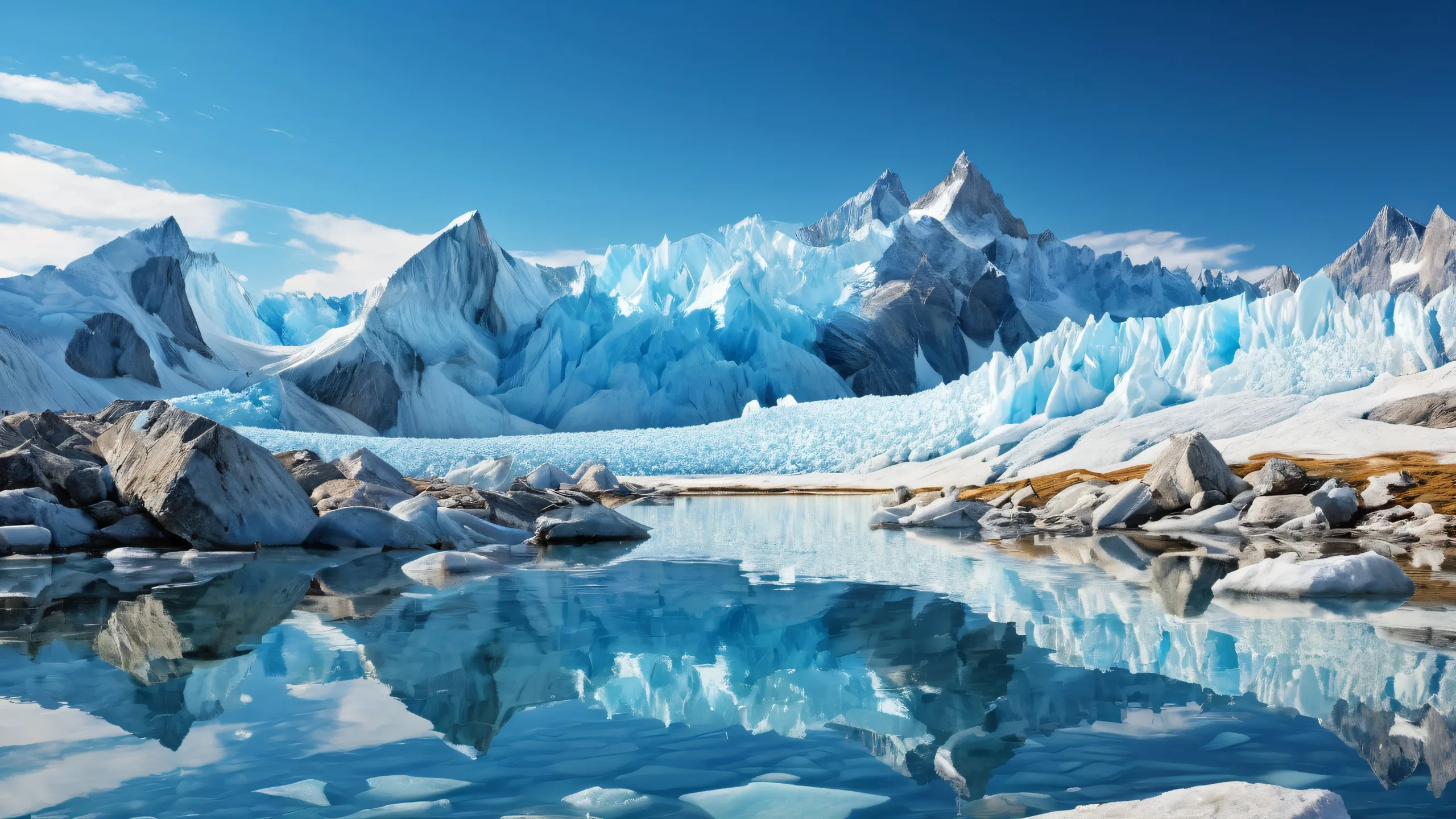 Desktop/PC wallpaper featuring breathtaking glaciers against a vast prairie backdrop, with exceptional depth of field and ethereal lighting for a calming and serene atmosphere.