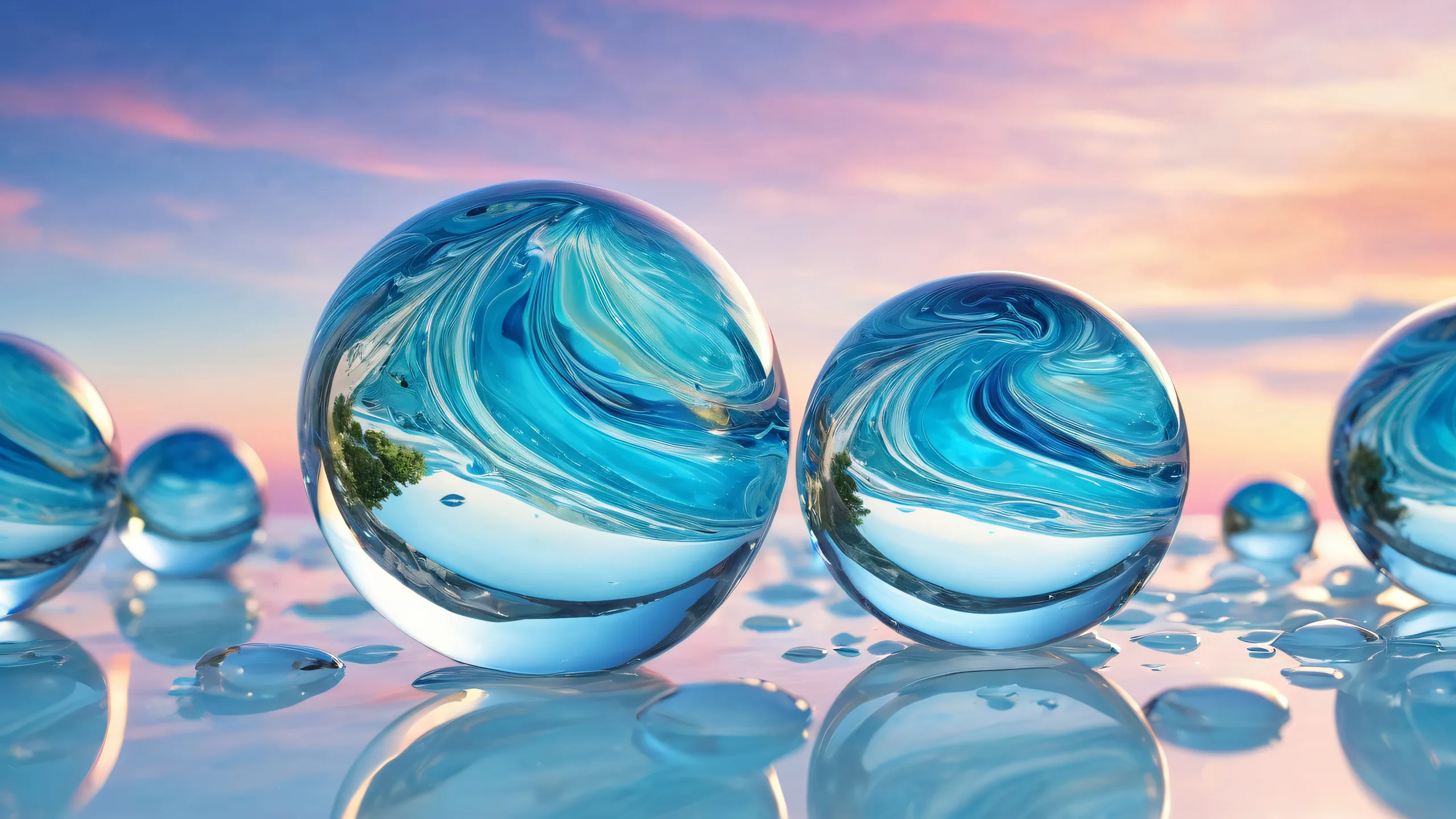 A serene underwater world on a desktop/pc with perfect glass marble clarity and radiant lighting for screen readers.