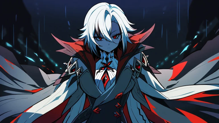 A beautiful anime girl, Arlecchino, from Genshin Impact, looking directly at the viewer on a perfectly clean vast pure void background with extreme depth of field, for a focus on the subject, adapté pour ordinateur de bureau/PC