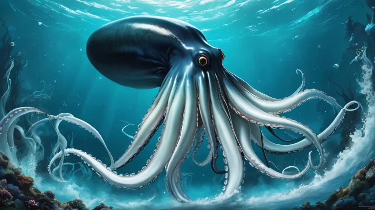 A majestic giant squid in a deep, icy blue void on a dark mode desktop/pc background.