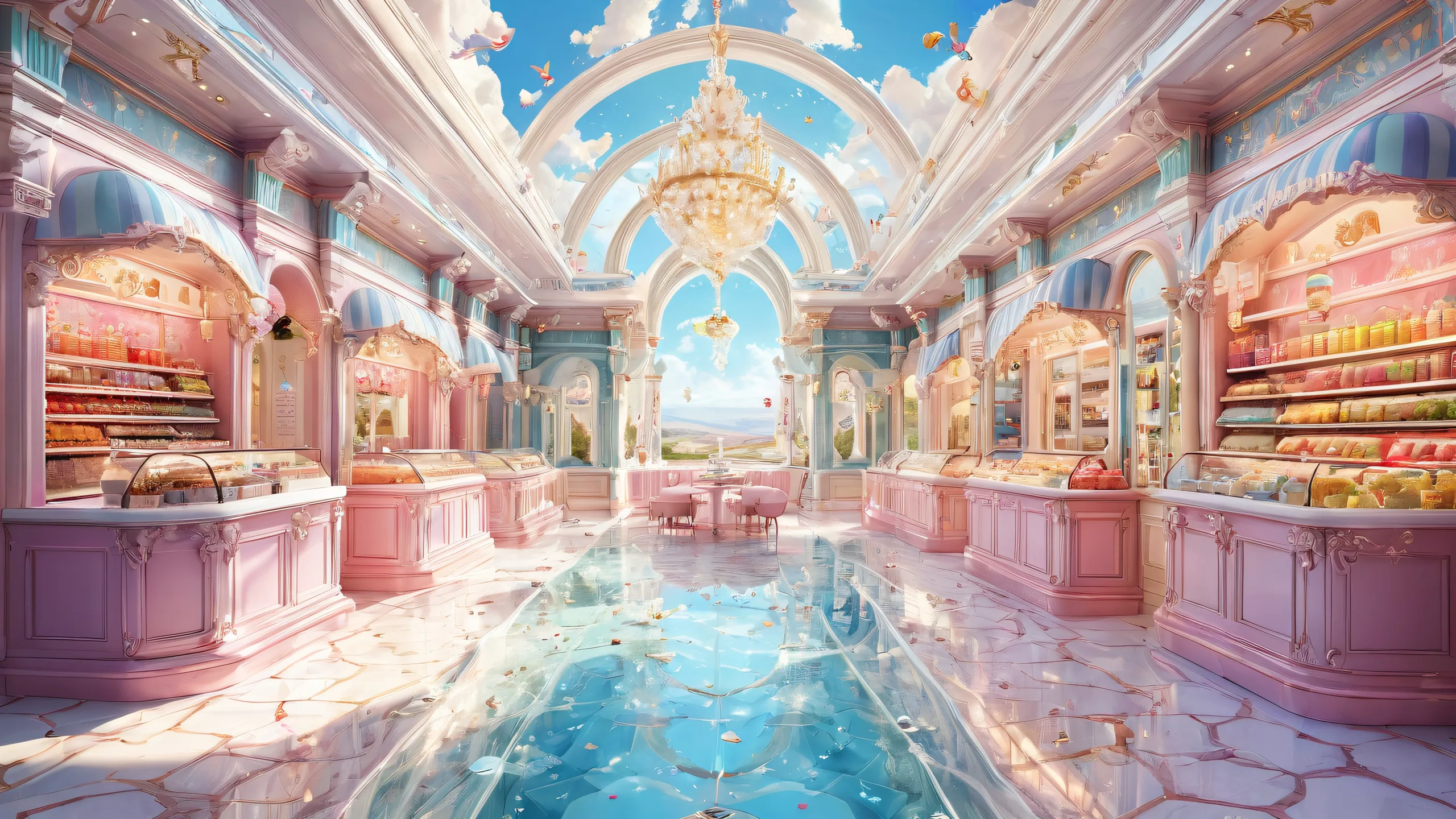 A serene and whimsical desktop wallpaper of a perfectly clean ice cream store, ideal for your Desktop/PC.