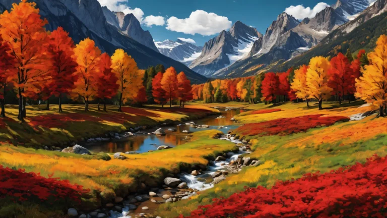 Ethereal desktop wallpaper featuring a majestic alpine valley with vibrant red and orange foliage on a dark mode aesthetic background, perfect for a desktop or PC.