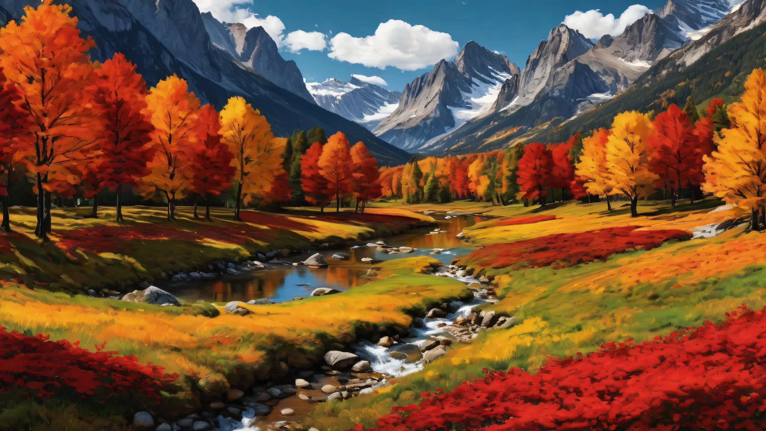 Epic Golden Alpine Odyssey Desktop Wallpaper Ethereal desktop wallpaper featuring a majestic alpine valley with vibrant red and orange foliage on a dark mode aesthetic background, perfect for a desktop or PC.