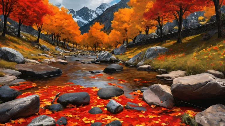 Breathtaking desktop wallpaper of Alpine Valley featuring vibrant red and orange foliage on a pristine background for Desktop/PC use.