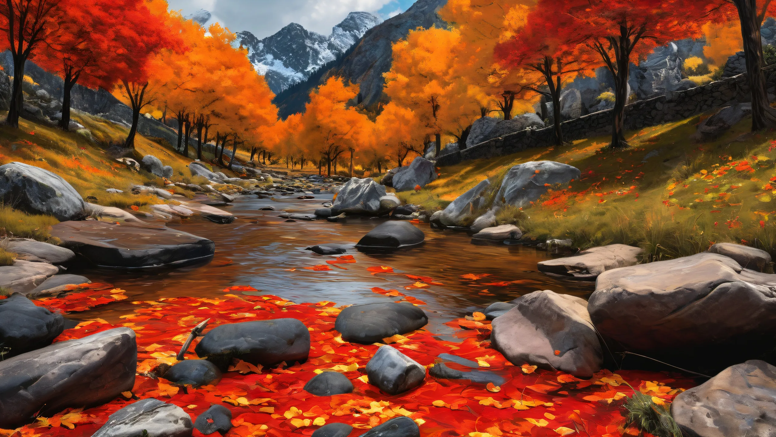 Breathtaking desktop wallpaper of Alpine Valley featuring vibrant red and orange foliage on a pristine background for Desktop/PC use.