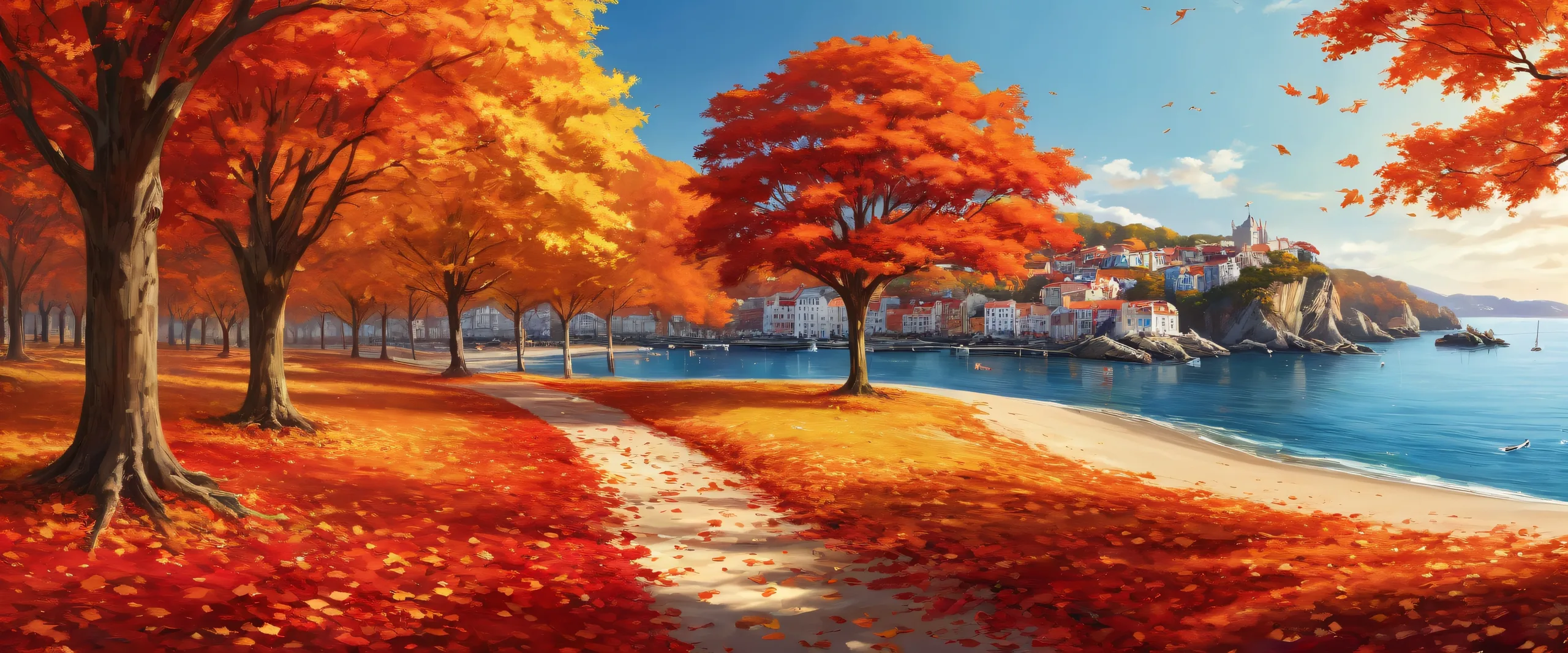 Breathtaking coastal city scene with vibrant foliage and ethereal lighting for a desktop or PC