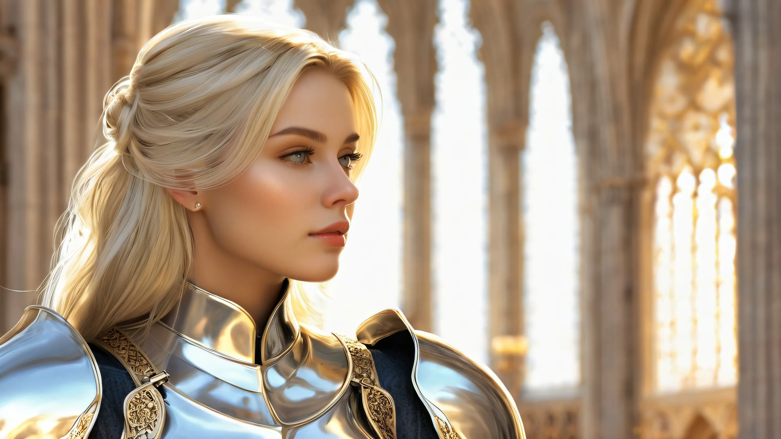 Blonde woman in silver armor standing in a grand golden-lit cathedral on a pure void desktop for PC and Desktop use.