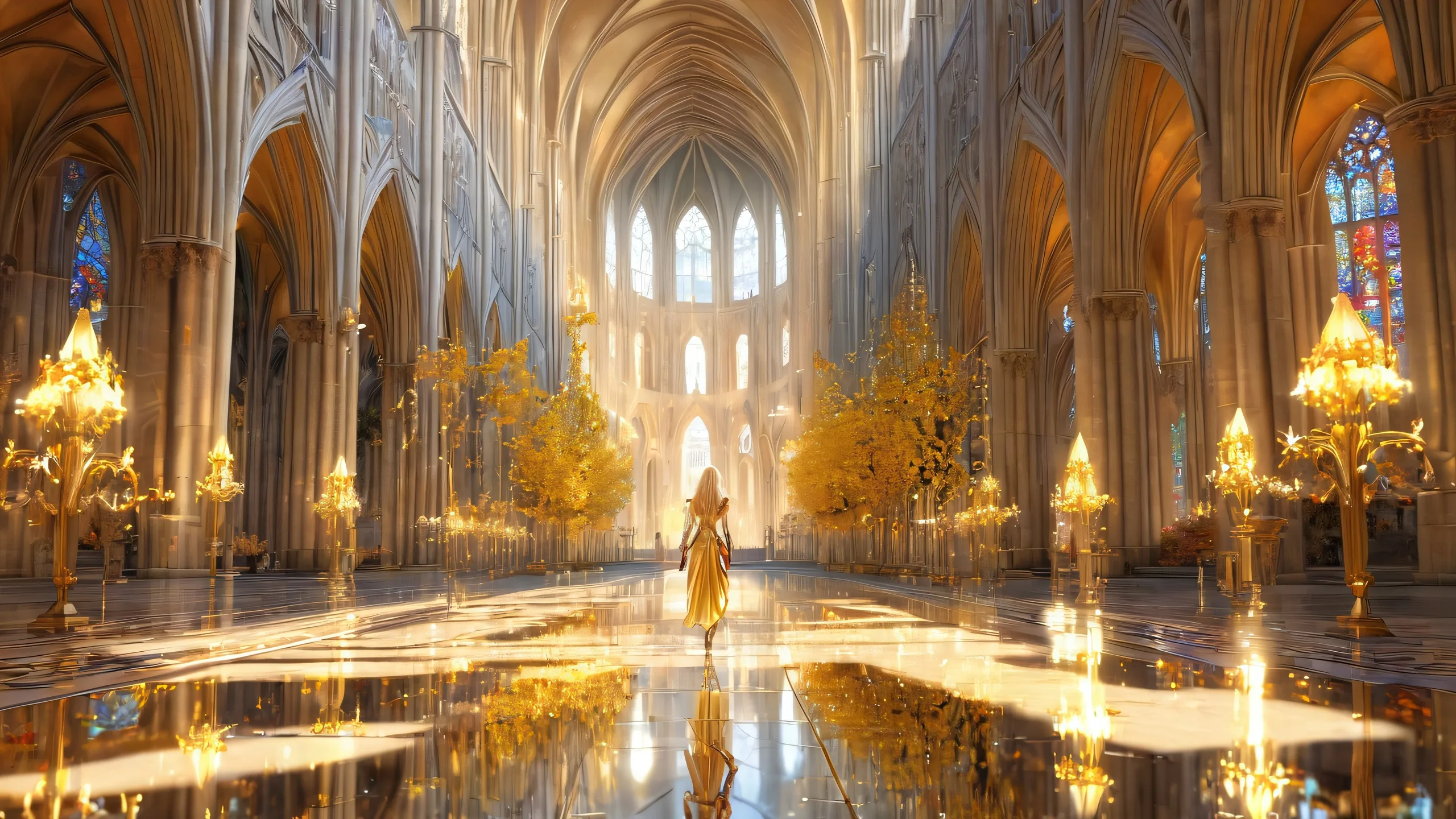 Golden Cathedral in Elysium 4K UHD Wallpaper A majestic golden-lit cathedral rises from a pure void on a perfectly clean desktop for PC.