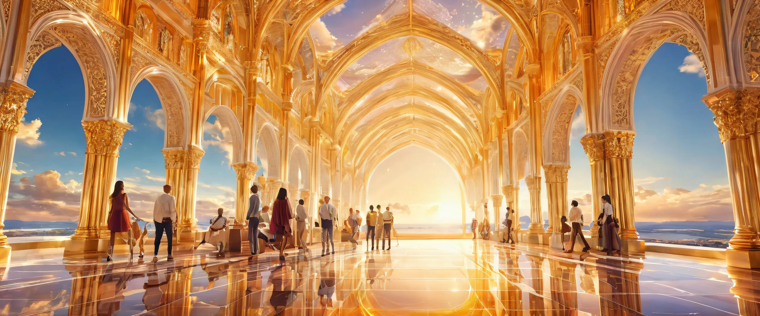 Group of people amidst a vast, pure void with ethereal lighting and radiant colors for a desktop/pc background.