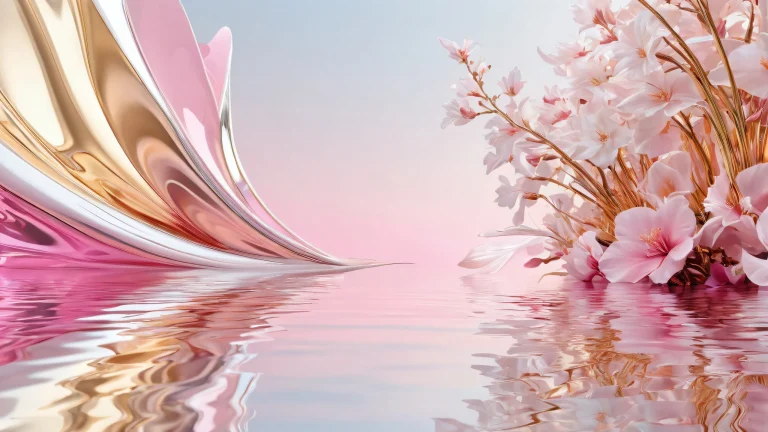 Desktop/PC wallpaper featuring Emilia in a pristine pure void with radiant colors and ray traced reflections.