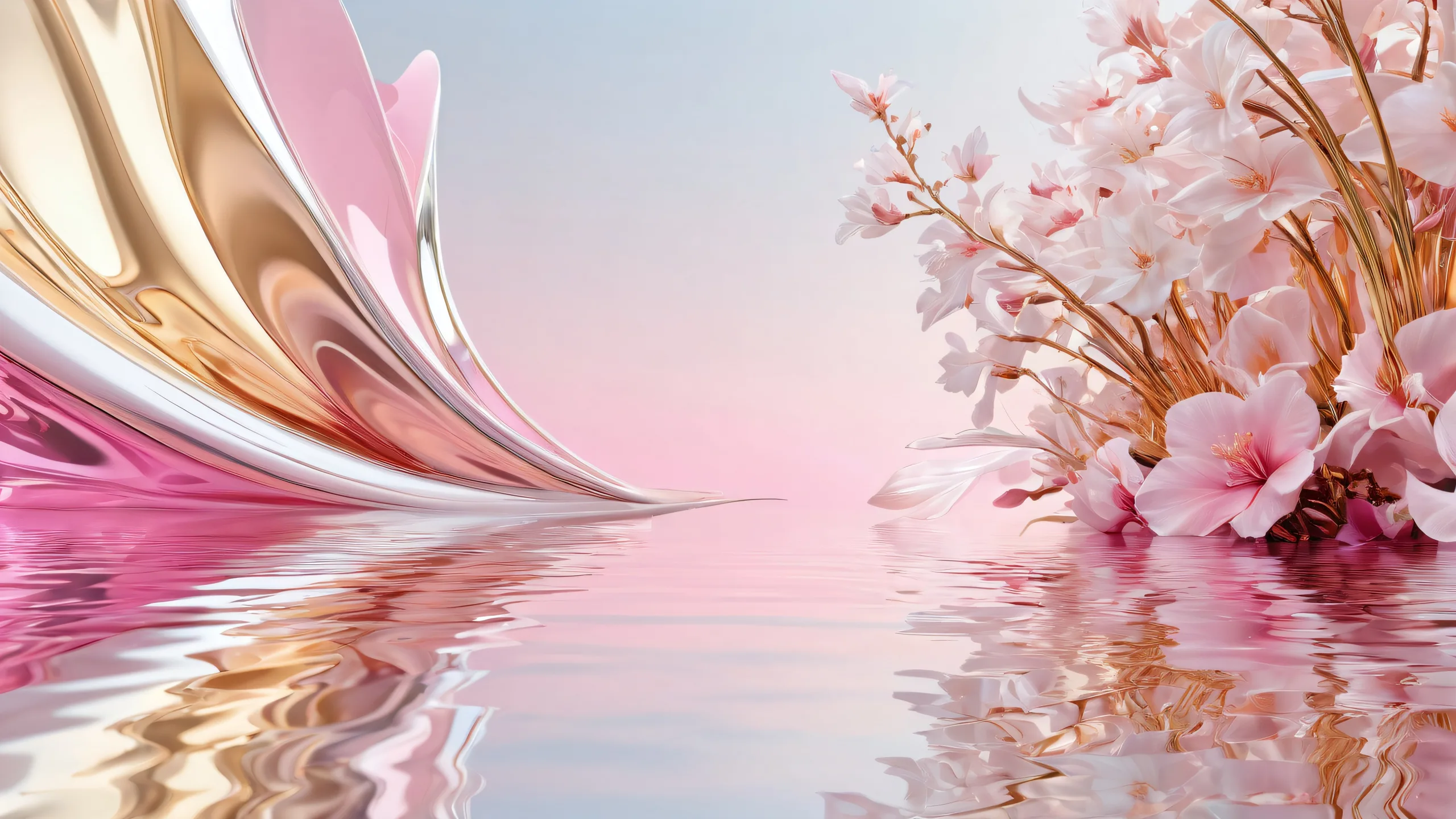 Desktop/PC wallpaper featuring Emilia in a pristine pure void with radiant colors and ray traced reflections.