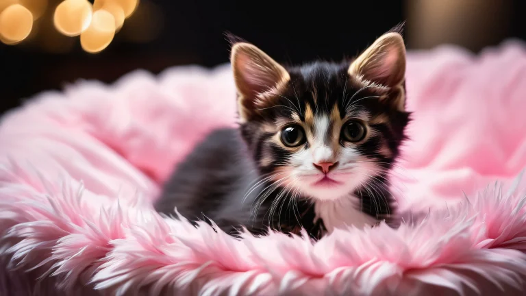 Beautiful kitten and soft cat bed in a vast pure void on a desktop/PC, with deep blacks and luminescent accents.