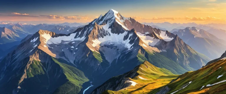 Breathtaking desktop wallpaper of a snow-capped mountain range on a pristine summer day, with extreme depth of field and lush vegetation, perfect for a desktop or PC.