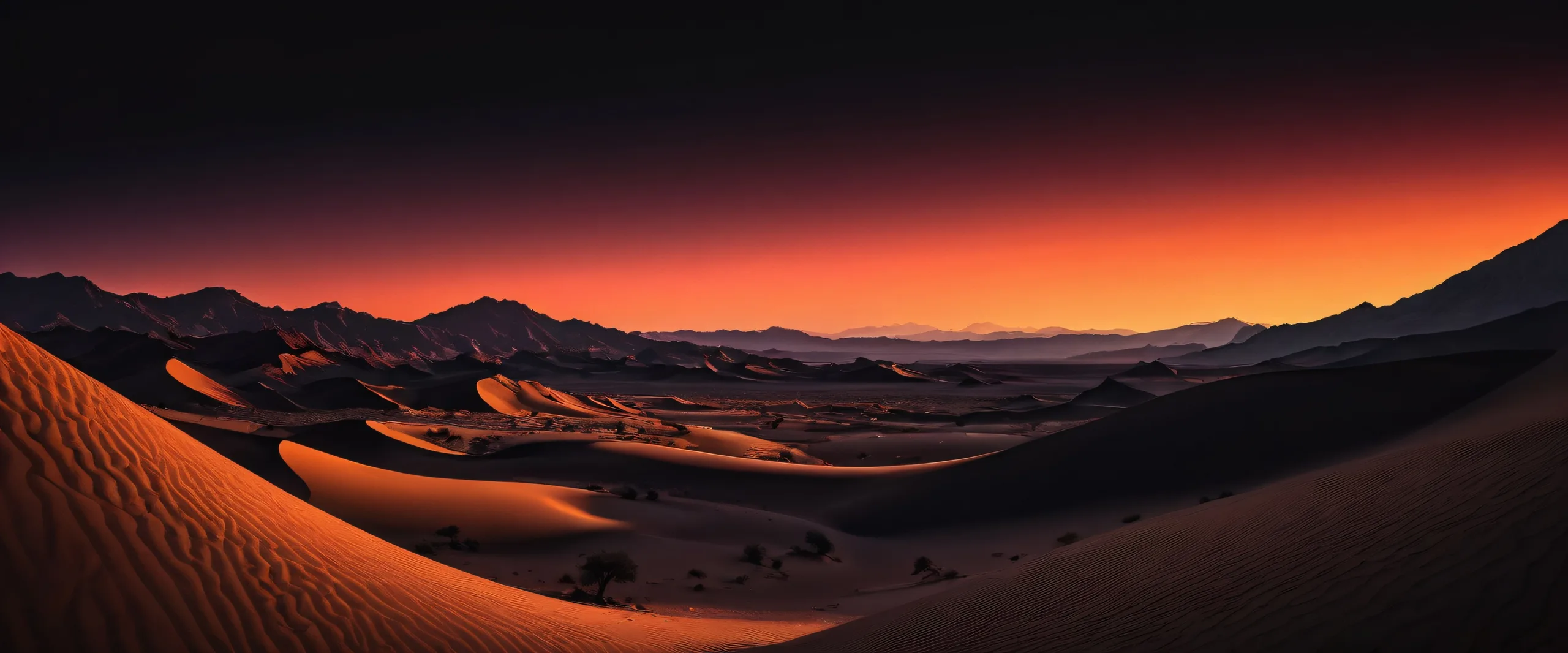 Breathtaking sunset desktop wallpaper featuring a vast desert landscape with deep perfect blacks and luminescent accents for your PC or Desktop/PC