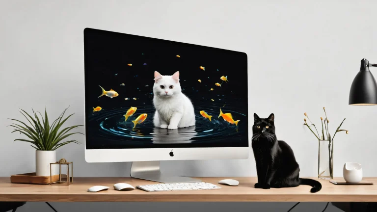 A stunning desktop wallpaper of a cat with fish on a pure void background for Desktop/PC.