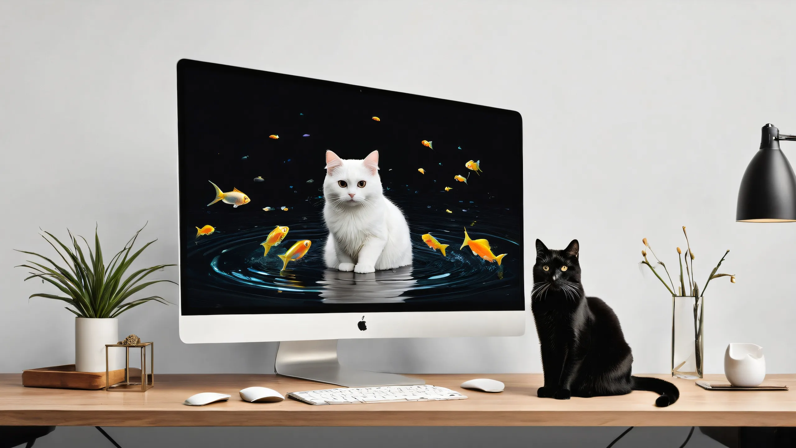 A stunning desktop wallpaper of a cat with fish on a pure void background for Desktop/PC.