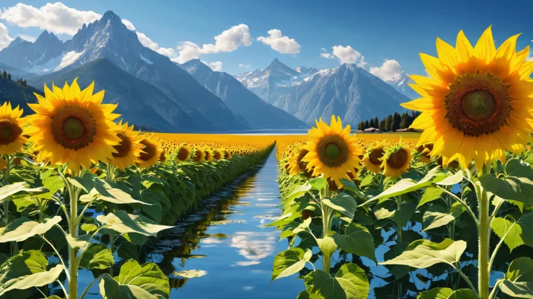 Desktop/PC wallpaper featuring sunflowers in a vast pure void with water and mountains in the distance, ideal for screen readers.